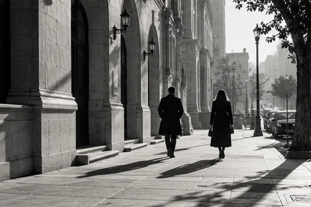 Black and white street scene with long architectural shadows