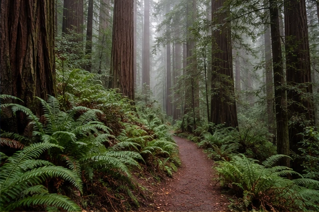 A quiet path through misty redwoods