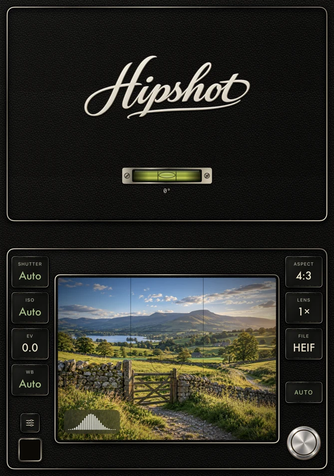 Hipshot's signature and spirit level above a waist-level viewfinder